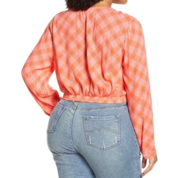 New BP. BP NORDSTROM ~ Pink-/Red Ian Bias Plaid Surplice V-neck Crop Top Size S - Picture 3 of 8